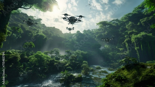 A glimpse into a world reliant on AI for environmental conservation, with drone fleets monitoring ecosystems and preventing ecological crises - Generative AI photo