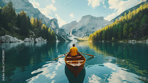 Adventurous traveling couple rowing a boat on a perfect scenic lake in a beautiful national park. generative ai photo
