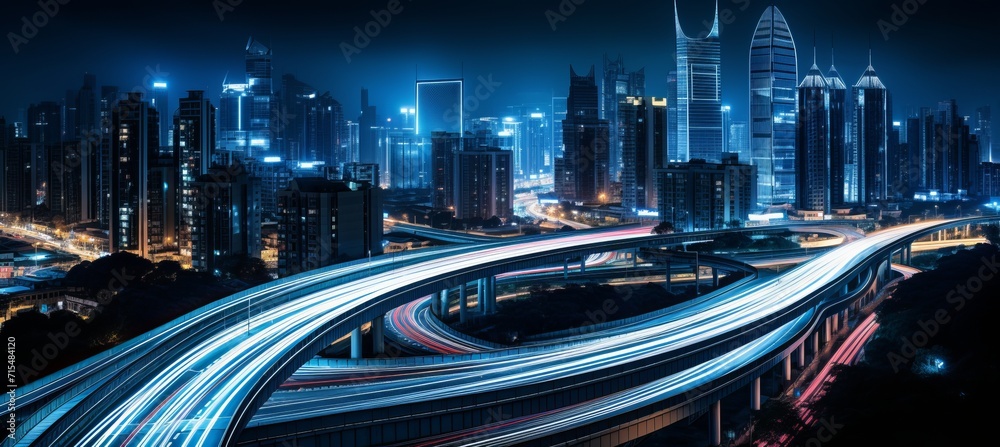 Fototapeta premium Aerial view of city expressway at night with busy car traffic, urban infrastructure and cityscape