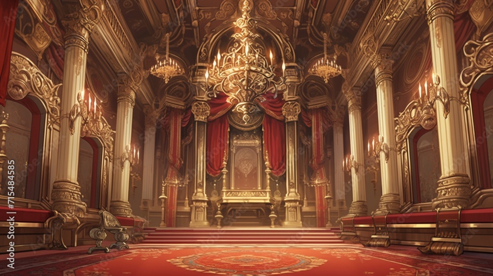 A grand, opulent palace interior with intricate gold detailing, ornate furnishings, and elaborate frescoes adorning the ceilings, Niji art style, - Generative AI