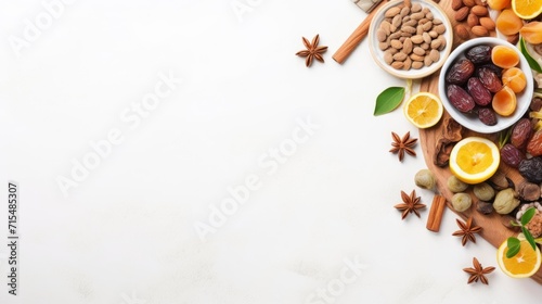 Ramadan Background - Collection of Ramadan Fruits and Nuts on white background, flat lay. copy space - generative ai
