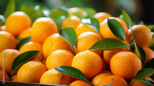 Fresh mandarin oranges fruit or tangerines with leaves, as background photo