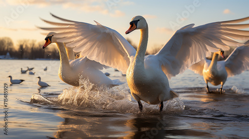swan on blue lake water in sunny day, swans on pond, nature series © alexkich