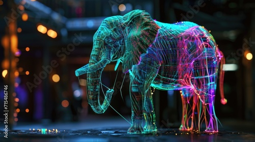 digital holographic elephant  green holographic lines