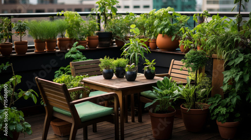 Cozy city balcony with variety of herbs and potted plants. Relaxation area and ecological gardening.