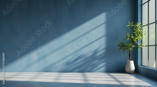 Plant against a blue wall mockup. Turquoise blue wall. Light coming down from the window. Generative AI
