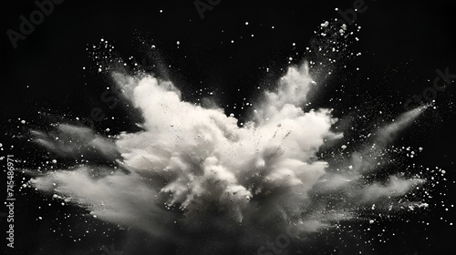 Abstract white powder explosion isolated on black background. copy space. generative ai
