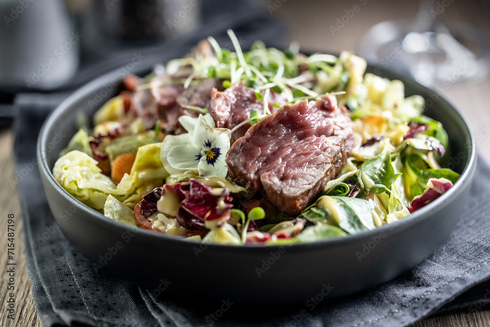 Fillet of beef sirloin with lettuce salad in plate on pub or restaurant Fillet of beef sirloin with lettuce salad in plate on pub or restaurant