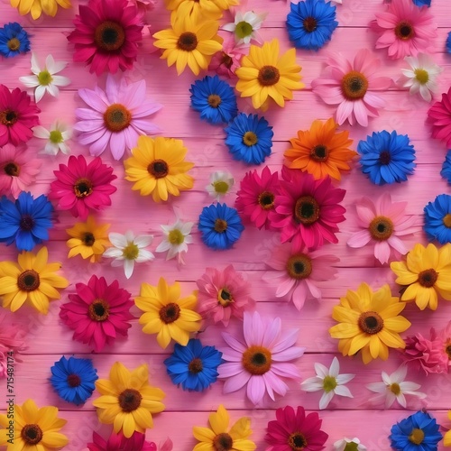 Colorful flowers on pink wooden background