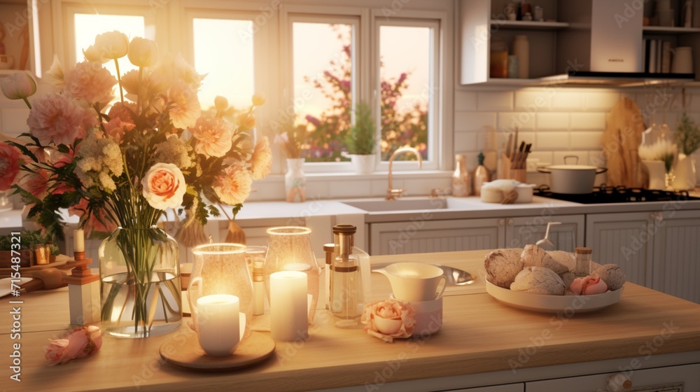 Fototapeta premium A harmonious kitchen space with candles and fresh flowers as accents, creating an inviting atmosphere for cooking and gatherings - Generative AI
