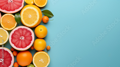 top view of orange grapefour and lemon citrus fruits with herbs on dark background photo