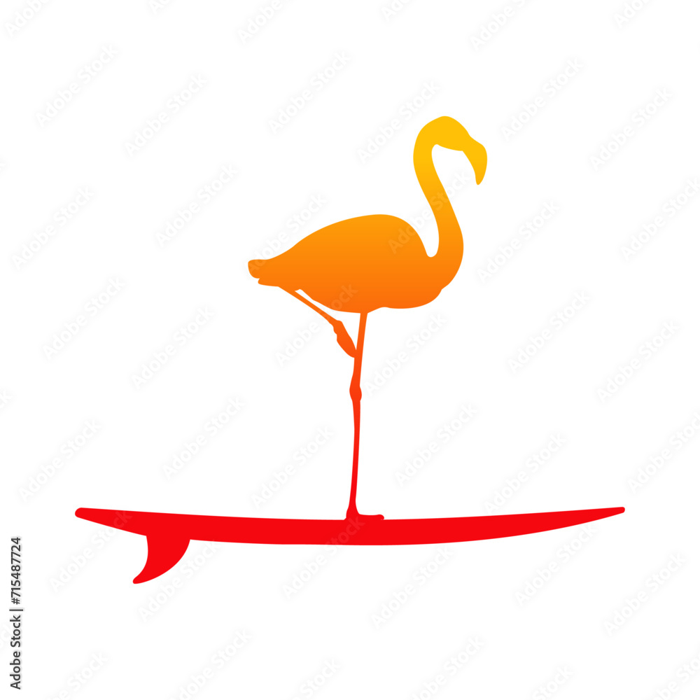 Logo club de surf. Silueta de flamingo de pie en tabla de surf	