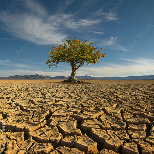 A lone resilient tree stands tall amidst a vast dry cracked desert, its vibrant leaves providing life against the arid surroundings