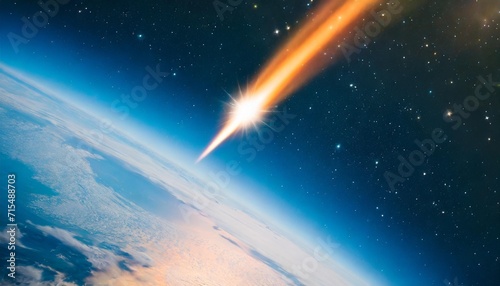 view from space to the planet earth a rising sun on the horizon a spacecraft flying in space and a bright comet vertical banner