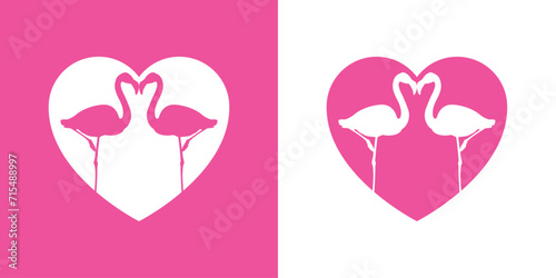 Silueta de dos flamingos de pie en corazón espacio negativo. Icono romántico. Logo para su uso en felicitaciones y tarjetas de San Valentín