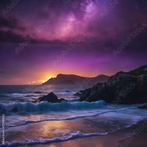 Breathtaking shot of the sea under a dark and purple sky filled with stars