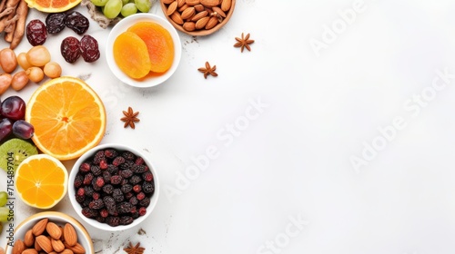 Ramadan Background - Collection of Ramadan Fruits and Nuts on white background, flat lay. copy space - generative ai photo