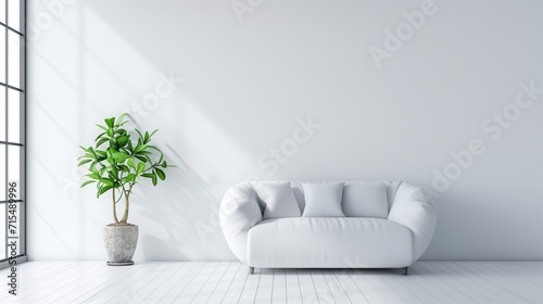 Beige concrete mock-up wall with white fabric sofa and pillows modern interior. Minimalist home interior design. White sofa and potted houseplants Generative AI photo