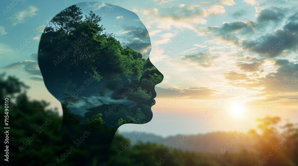 Outline of a human head containing a serene landscape background, symbolizing the concept of inner peace and mental tranquility with copy space - obrazy, fototapety, plakaty 