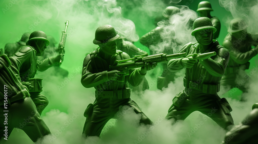 Fototapeta premium Epic battle scene with plastic green toy soldiers shooting with modern riffles surrounded by smoke , war concept image