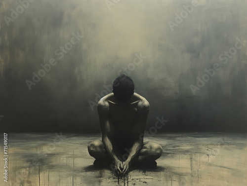 Man with psychological disorder suffering from depression, stress and anxiety - Conceptual illustration of mental illness