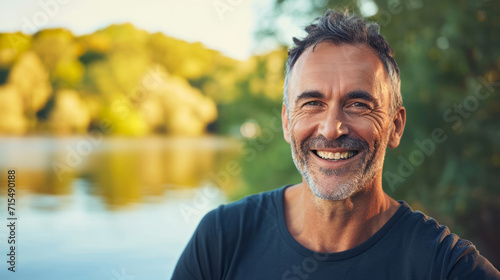 Man in his 50s who exudes happiness and a sense of feeling truly alive in a beautiful natural park near a lake, genuine smile on his face, relaxed and confident, male who found joy and contentment