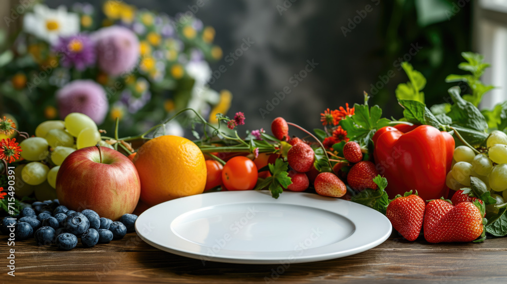 Empty white plate with vegetables and fruits For displaying health products. Generative Ai illustration. Empty white plate with vegetables and fruits For displaying health products. Generative Ai illustration.