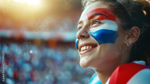 Happy Dutch woman supporter with face painted in Netherlands flag colors, blue white and red, Dutchwoman fan at a sports event such as football or rugby match, blurry stadium background, copy space