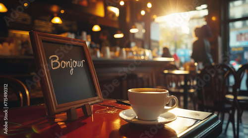 Coffee cup in a cafe in morning light and sign with written french word Bonjour meaning Hello and waiter in France photo