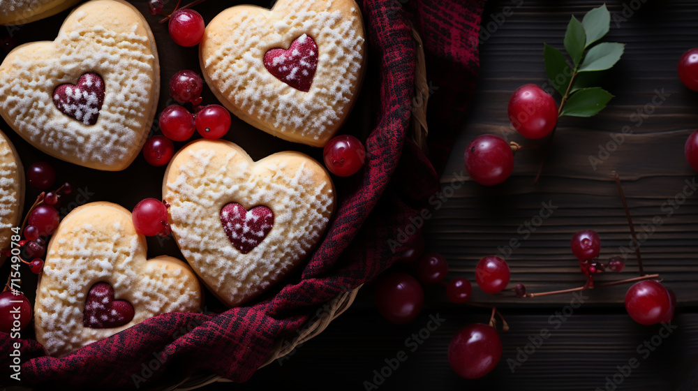 Heart shaped cookies decorated for Valentine's Day. Free space for text. Two heart shaped cookies with jam on a black wooden table. Like postcard
