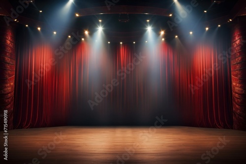Empty modern stage with bright background for performance, stage lighting with spotlights for theater performance