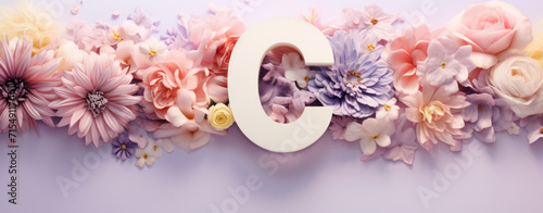 capital letter C Spring card with floral decoration, flowers, blue background, logo photo