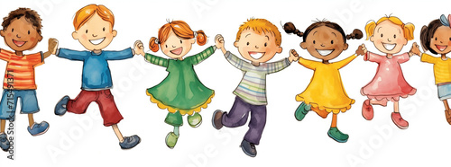 Set of children having fun playing or dancing a joyful circle, round dance or farandole, smiling boys and girls of different skin colors and ethnic origins happy to play and dance together, drawing
