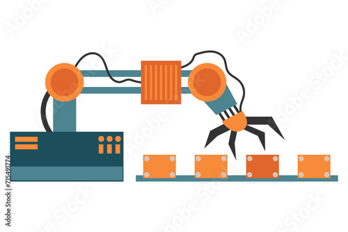 Industrial robots manipulators. Robotized arm, modern industry robotically technology, conveyor. Factory machinery automatic.