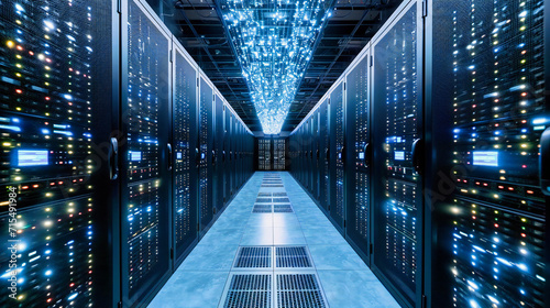 Server Room Technology: A high-tech server room with networking equipment and blue lighting for data management