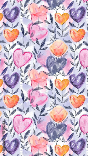 Watercolor Hearts and Leaves Vertical Background
