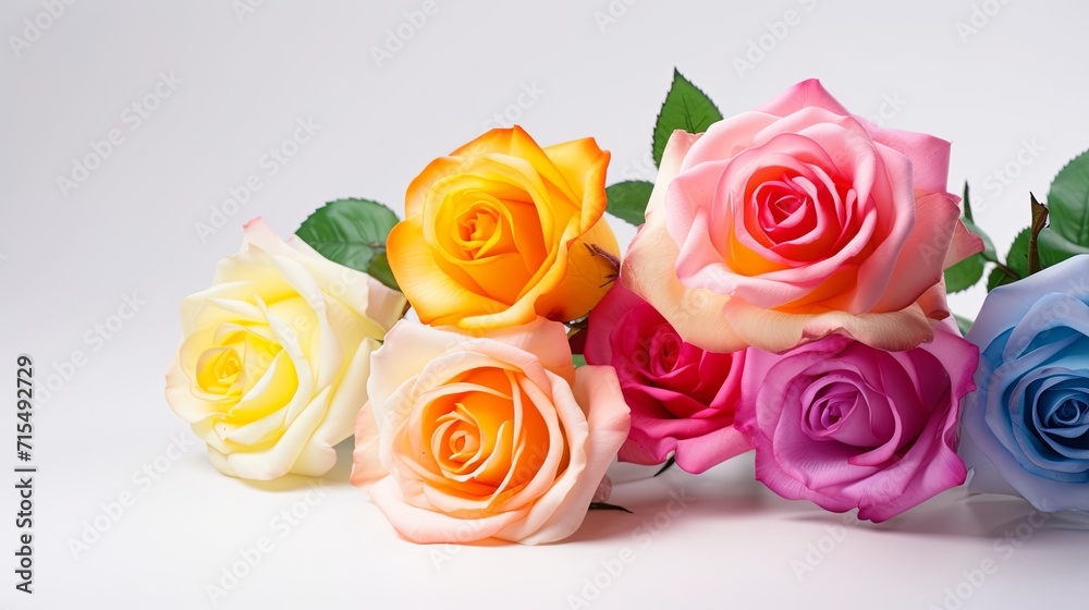 Colourful roses on white background. Valentine's day-wedding. greeting card. advertisement. copy text space.