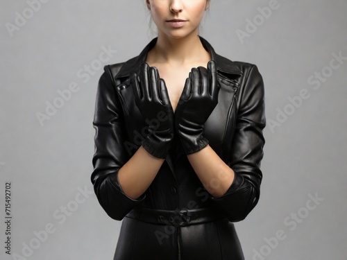 Black leather gloves on wiman isolated on white background  photo