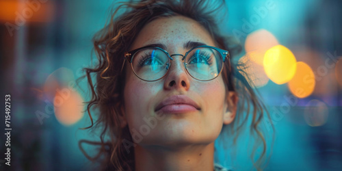 Frau mit Brille blickt nach oben