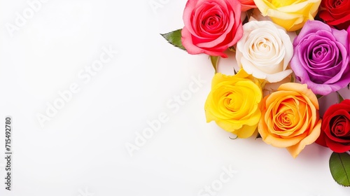 Composition colourful roses on white background. Valentine s day-wedding. greeting card. advertisement. copy text space.