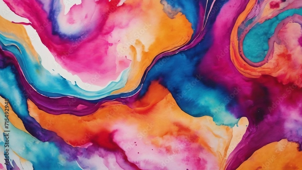 Abstract art of colorful bright ink and watercolor textures on white paper background.