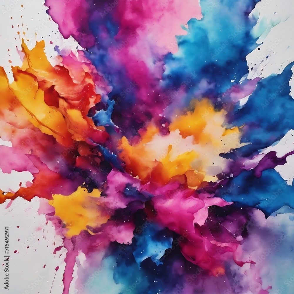 Abstract art of colorful bright ink and watercolor textures on white paper background.
