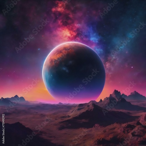 Fictional planet with colourful night sky  stars and nebula