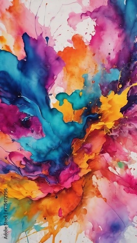 Abstract art of colorful bright ink and watercolor textures on white paper background.