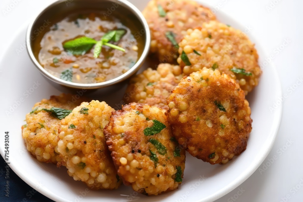 Delicious sabudana wada sago fritters with coconut chutney for a tasty and crunchy snack, gudi padwa sweets and cuisine photo Delicious sabudana wada sago fritters with coconut chutney for a tasty and crunchy snack, gudi padwa sweets and cuisine photo