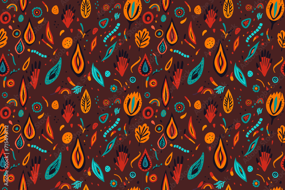 Abstract seamless pattern on a dark background. Bright elements of orange, black, red and blue. Vector illustration Abstract seamless pattern on a dark background. Bright elements of orange, black, red and blue. Vector illustration
