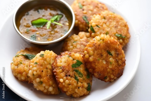 Delicious sabudana wada sago fritters with coconut chutney for a tasty and crunchy snack, gudi padwa sweets and cuisine photo