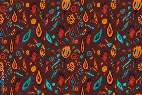 Abstract seamless pattern on a dark background. Bright elements of orange, black, red and blue. Vector illustration