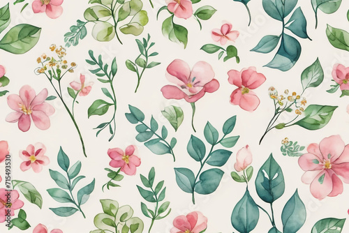 seamless classic pattern with hand drawn watercolor flowers and leaves, small objects and background © Abdul