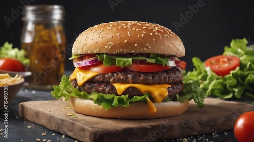 Front view tasty meat burger with cheese and salad on dark background